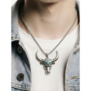 Longhorn Bull Western Steer Skull Stainless Steel Necklace Turquoise Pendant Men